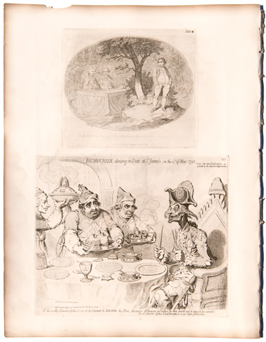 original James Gillray etchings Aside he turn'd for Envy...

Dumourier Dining in State at Saint James's, on the 15th of May, 1793
